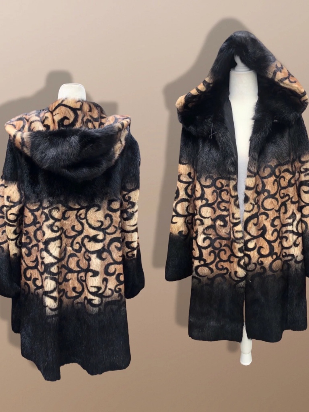 Hooded Mink Luxury Coat Leather with Dyed Design